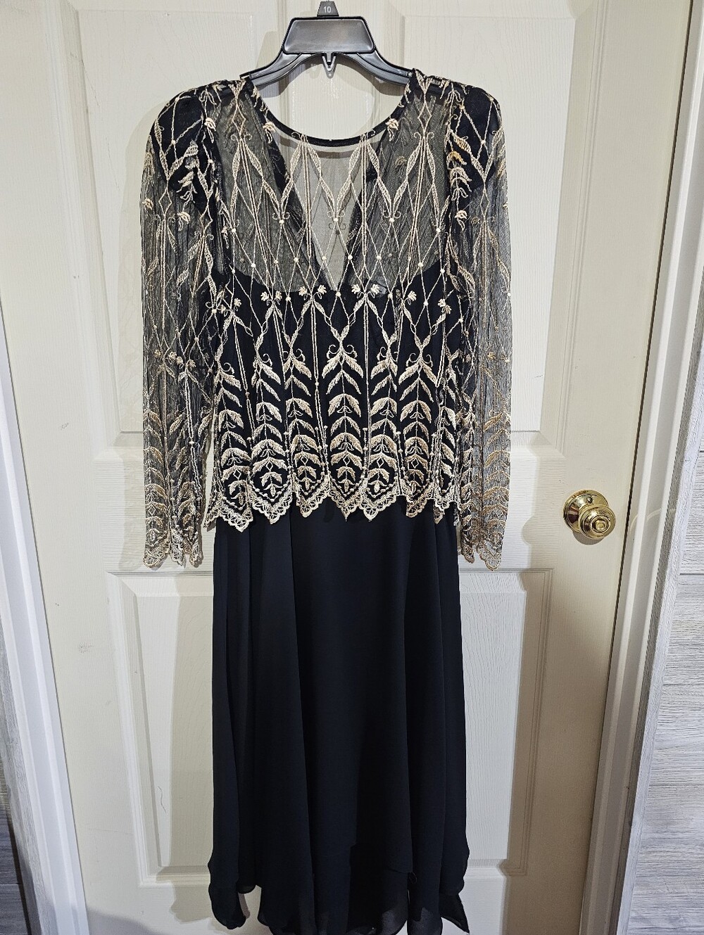 Vintage Cachet Women's 9/10 Elegant Black and Gold Lace Dress Asymmetrical Hem